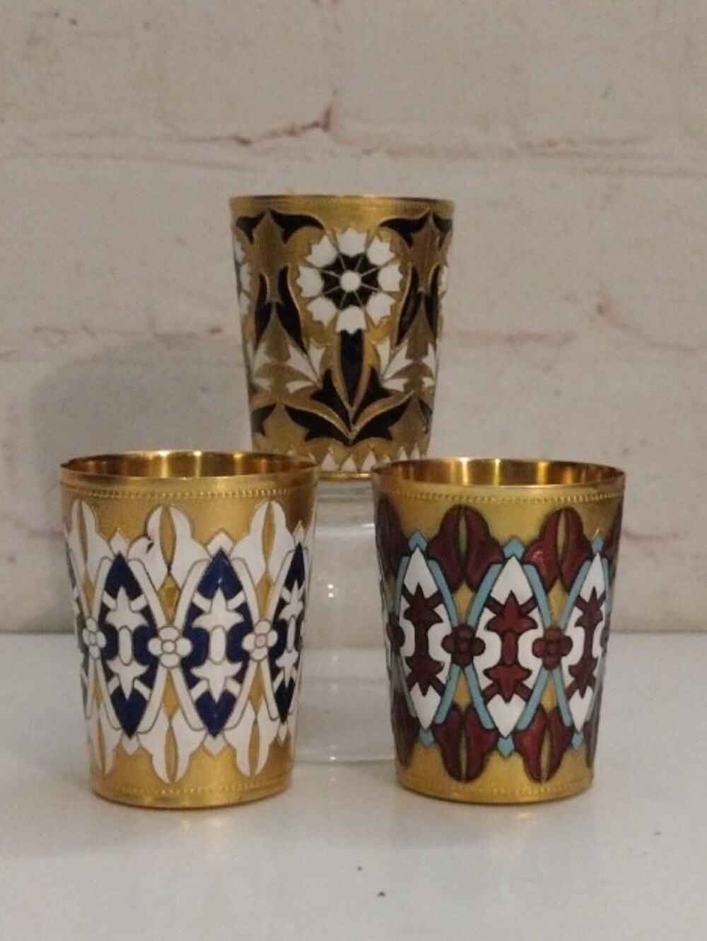 3 Vintage Russian USSR Metal Enamel Cloisonne Metal Vodka Shot Cups